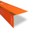 An orange safety step tape roll shown at an angle on a white background, featuring black caution stripes and white text instructions.