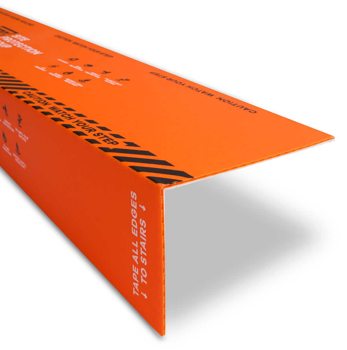An orange safety step tape roll shown at an angle on a white background, featuring black caution stripes and white text instructions.