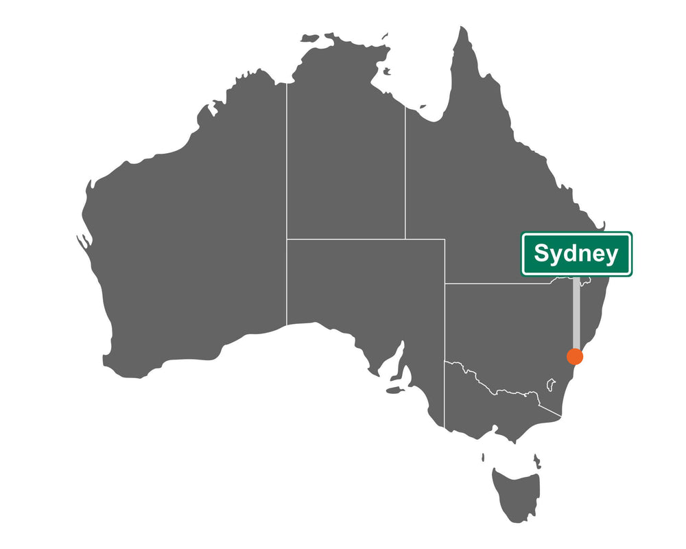Map of Australia with Sydney highlighted on a white background